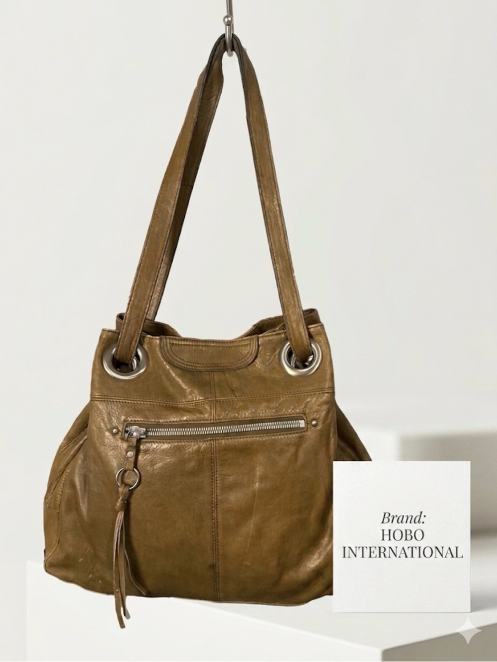 Hobo International Leather Shoulder Bag Olive Green Hobo Silver Hardware Tassel